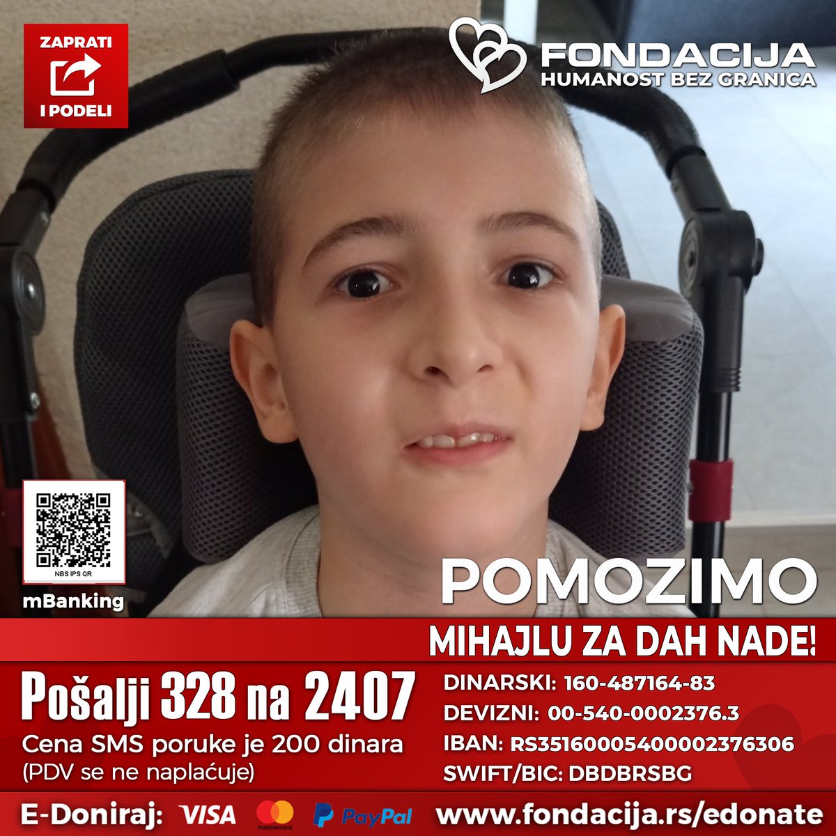 1na2407's tweet photo. 🇷🇸 Pošalji SMS: 328 na 2407
https://t.co/rNgxFLlgJ9
(link za mobilne)

Mihajlo (2016.) boluje od teške genetske bolesti koja je ozbiljno ugrozila njegovo zdravlje i svakodnevni život. Zbog čestih problema sa plućima neophodan mu je aparat Comfort Cough II (Cough Assist), koji mu pomaže da lakše diše i smanji rizik od komplikacija.

Kako možete da pomognete?

🇷🇸 Pošalji SMS: 328 na 2407
https://t.co/rNgxFLlgJ9
(link za mobilne)

💳 Doniraj karticom: https://t.co/nWuiQDnB33

🌐 PayPal: info@fondacija.rs
Link: https://t.co/9IFMPFgt7s

📲 Skeniraj QR kod i doniraj putem mobilnog telefona - mBanking

Porodica nije u mogućnosti da sama obezbedi potrebna sredstva, zbog čega moli za pomoć humanih ljudi. Pomozimo Mihajlu u njegovoj borbi za zdravije i sigurnije sutra.❤️❤️

Retvituj ovu objavu i zaprati nas jer humanost se umnožava kada se deli. 🙏