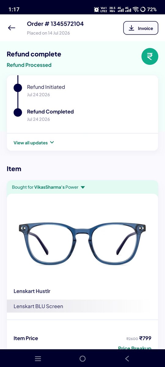 iamvikassharma2's tweet photo. > @Lenskart_com Your executive Akshat admittedLenskart's mistake &amp;promised a refund plus orderdelivery.The app 
shows refundprocessed on24July,but Ihaven't received it.Myorder has alsodisappeared frommy account.Please 
resolve this immediately. Order ID: 1345572104.#refundissue https://t.co/ABfl8o5oA2