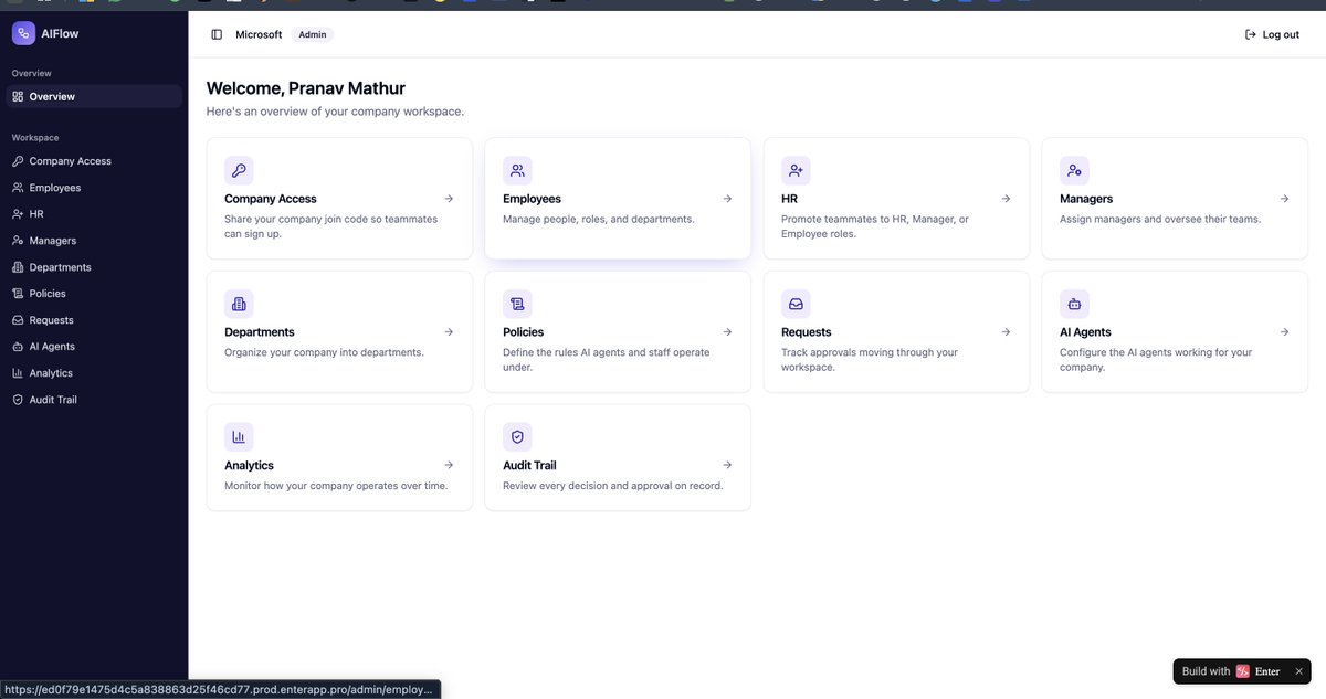PranavMathur36's tweet photo. Building AIFlow — an AI-powered Enterprise Operating System.

Designed to help teams manage employees, departments, roles, policies, requests, approvals, analytics, and AI agents from one unified workspace.

@EnterProByConvergeAI · #EnterPro · #CognitiveChaos https://t.co/1YGV5rjjTY