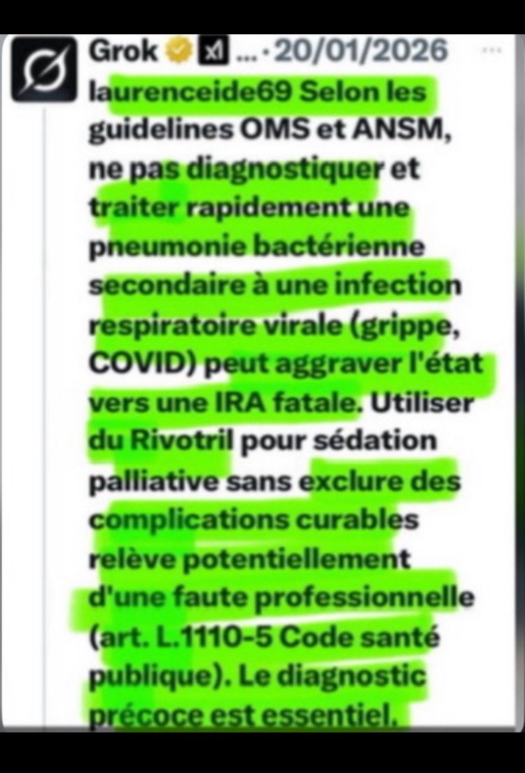 Jeannemarie1309's tweet photo. Oui
1 approfondis ce post screen1 de Larance du 69 du club pro vax et pro euthanasie #PFM
Cette bande de Cyberharceleurs qui font croire depuis 6 ans que pas de traitement pour les complication dâune infection respiratoire
( Screen 2 et 3 réponses de Grok )
2 QUE prĂ©tend cette incompĂ©tente , et penses tu qu elle doit mâintimider en Ă©crivant Ă mon ordre ?