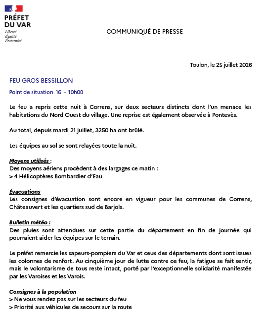 Prefet83's tweet photo. #Feu #GROSBESSILLON | Samedi 25  juillet -  10h00  ✔Le point de situation⤵️
➡️Le feu a repris cette nuit à Correns et Pontevès.
➡️Au total, depuis mardi 21 juillet, 3250 ha ont brûlé.
➡️Les équipes au sol se sont relayées toute la nuit. https://t.co/H98HKpFi8Z