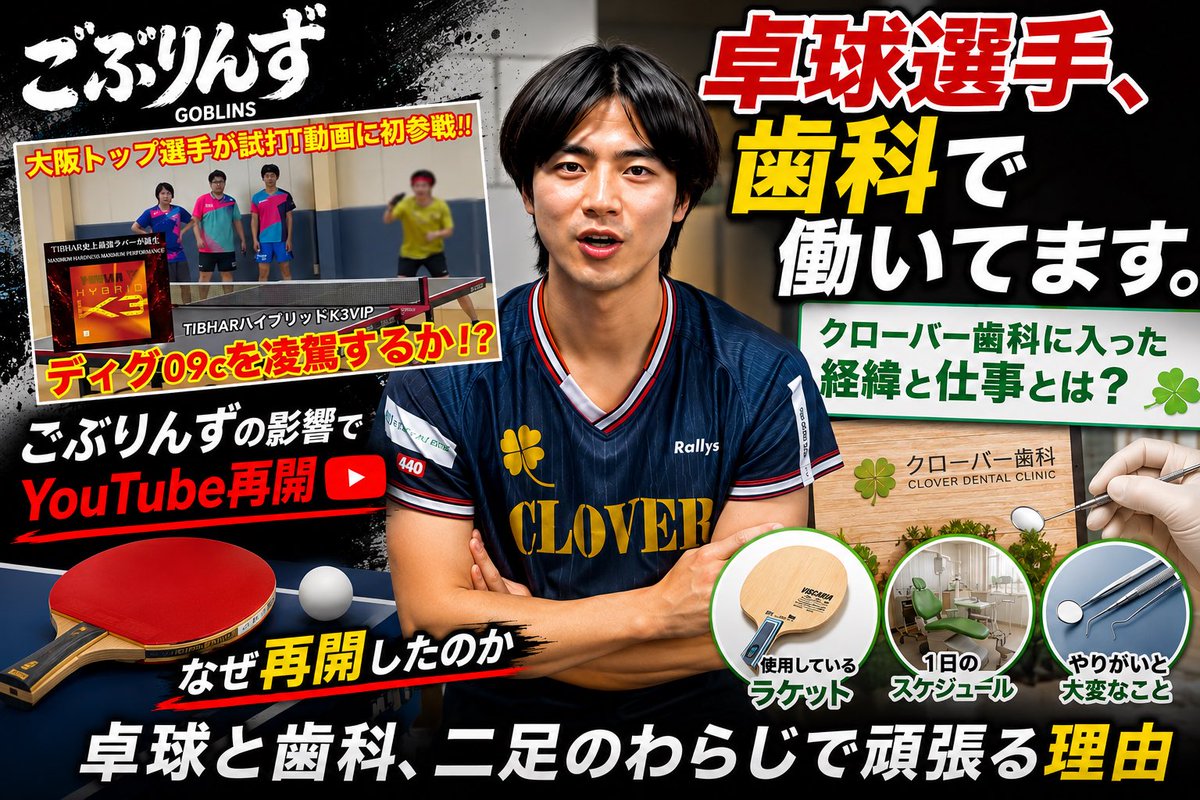 yuukisuganuma11's tweet photo. YouTube更新しました！🏓
今回は久しぶりのトーク動画です！
ごぶりんずをきっかけにYouTubeを再開した話や、歯科での仕事の内容の話までしています🦷
普段あまり話してない内容なので、ぜひ見てください！
https://t.co/CMfx7cXyjz https://t.co/EZHPNABMrQ