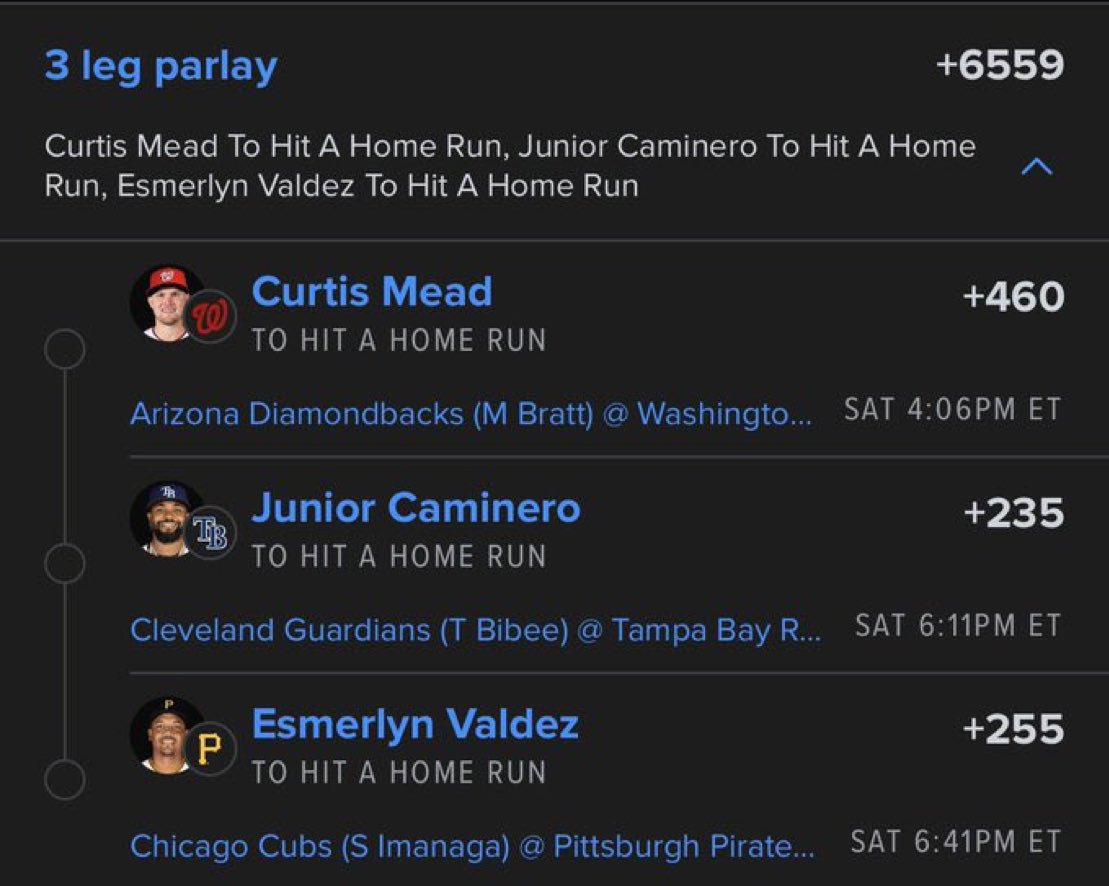 MBWHYTESBET's tweet photo. 🚨 HR LOTTO IS LIVE! 💣⚾

Three power bats. One massive payout. Let’s cash this! 💰🔥

🎯 3-LEG HOME RUN PARLAY (+6559)

💥 Curtis Mead — To Hit a Home Run (+460)
💥 Junior Caminero — To Hit a Home Run (+235)
💥 Esmerlyn Valdez — To Hit a Home Run (+255)

This is the kind of ticket that only needs 3 swings to turn your day around. 👀🍀

Who’s riding this HR bomb with me? Drop a 🔥 if you’re tailing!

🔗 Link in my bio!

#MLB #HomeRunParlay #HRParlay #MLBPicks #SportsBetting #BettingTwitter #GamblingTwitter #Baseball #BaseballBets #Parlay #CurtisMead #JuniorCaminero #EsmerlynValdez #SportsPicks #BetOfTheDay #MLBToday #WinningPicks #LottoTicket #SportsGambling #LocksOfTheDay