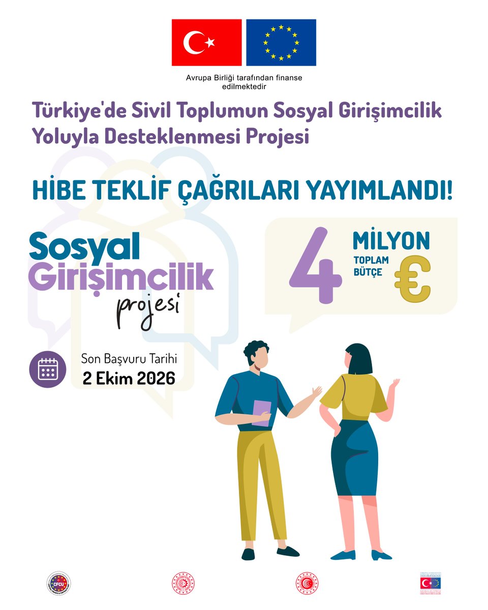 ABBaskanligi's tweet photo. 📢 AB tarafından finanse edilen Türkiye’de Sivil Toplumun Sosyal Girişimcilik Yoluyla Desteklenmesi Projesi kapsamında @ankaraka @TCBAKKA @TC_KUZKA ve @ZaferKATR33 tarafından yürütülecek hibe teklif çağrıları yayımlandı. https://t.co/PbxneChRkU