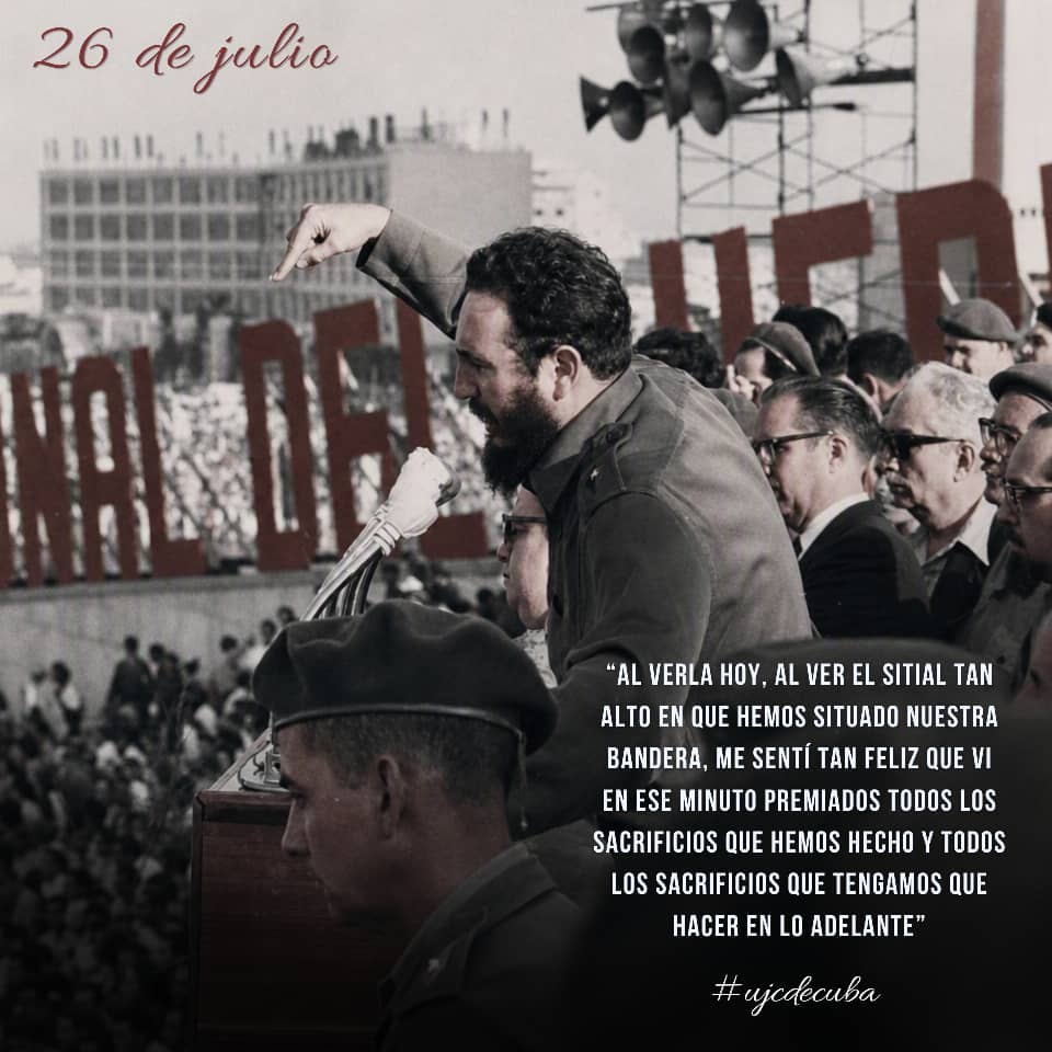 UJCdeCuba's tweet photo. 🇨🇺| Hoy, a 73 años de aquella gesta, la juventud cubana sigue enarbolando esa misma bandera, con la misma convicción y la misma rebeldía.♥

#MiMoncadaEsLaPatria #100AñosConFidel https://t.co/jEBE4JWAHn