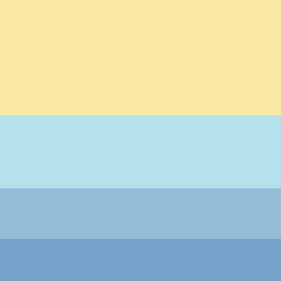 develvera's tweet photo. yup, summer is totally defined by bright yellow as its signature color and blue as its companion. The answer: F9E8A2, B4E1EB, 95BDD7, 78A4CB.

karena soal pertama ini masih contoh, semua yang udah reply boleh tambah +100. Next round harus sesuai kunci jawaban ya 😼 https://t.co/DY78D0wUqv