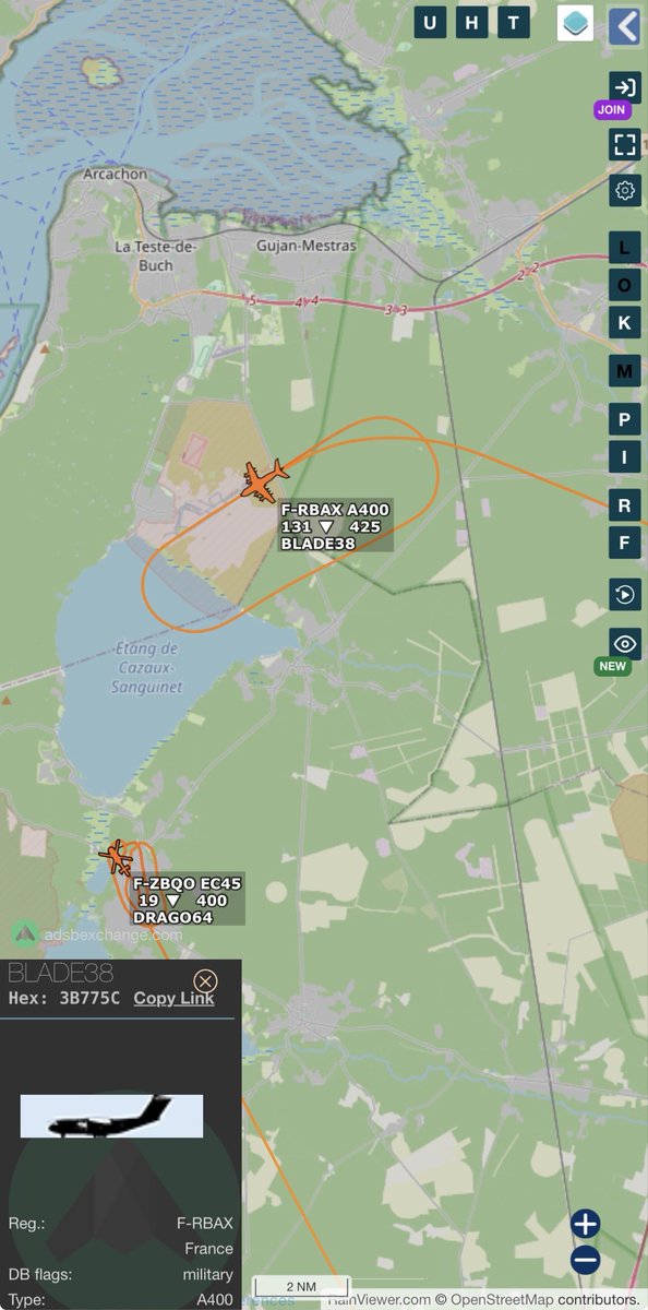 Th__Cuq's tweet photo. L’A400M F-RBAX #3b775c #BLADE38 n’a pas effectué de largage direct en provenance d’Istres , Il s’est posé sur la BA 120 de Cazaux. Probablement des détails techniques sont à affiner. https://t.co/E4VAy6Wyop