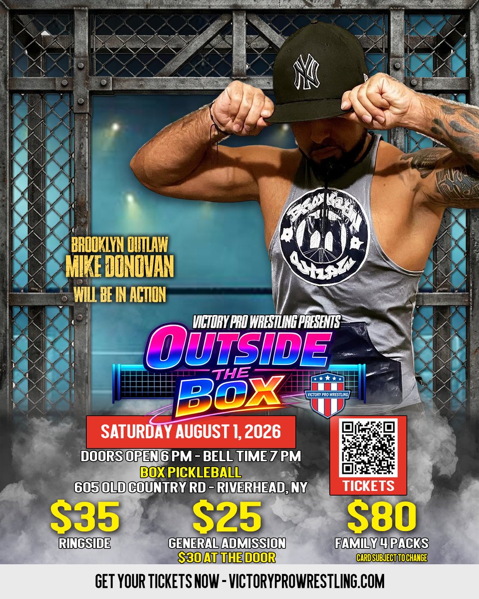 VPW_Wrestling's tweet photo. RIVERHEAD - Brooklyn Outlaw Donovan will be at Outside the Box

Sat Aug 1 | Box Pickleball in Riverhead

Tickets on sale now: https://t.co/LB1mvUBU4y 
#VPWLiveEvent #OutsidetheBox #Riverhead #ThingsToDo https://t.co/Nmm6a1s5m8
