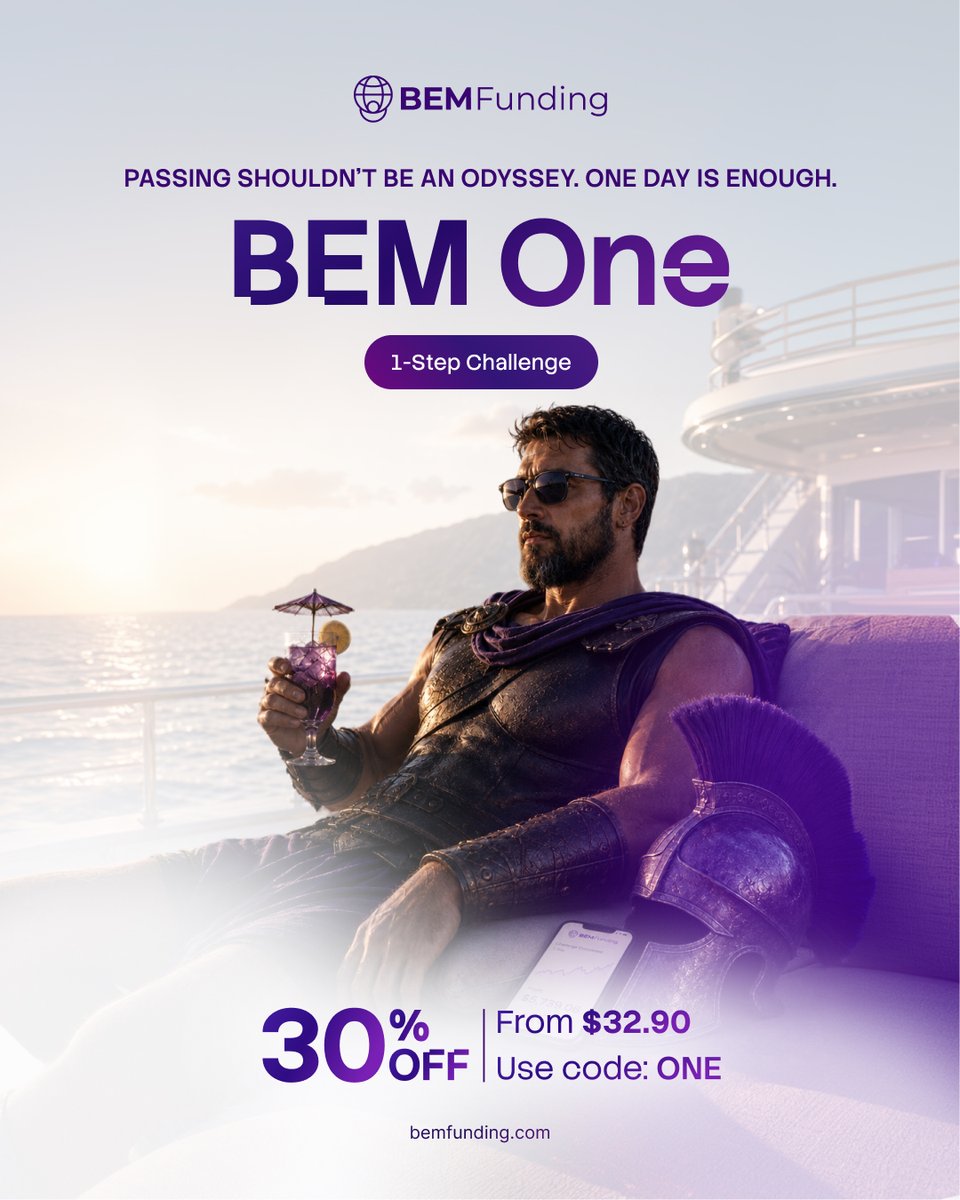 BemFunding's tweet photo. Odysseus took 10 years to get home.

You don't have 10 years. Or 30 days.

BEM One: 1 step, no minimum trading days. Funded in as little as 1 day.

30% OFF with code ONE https://t.co/zESRTkZcKN