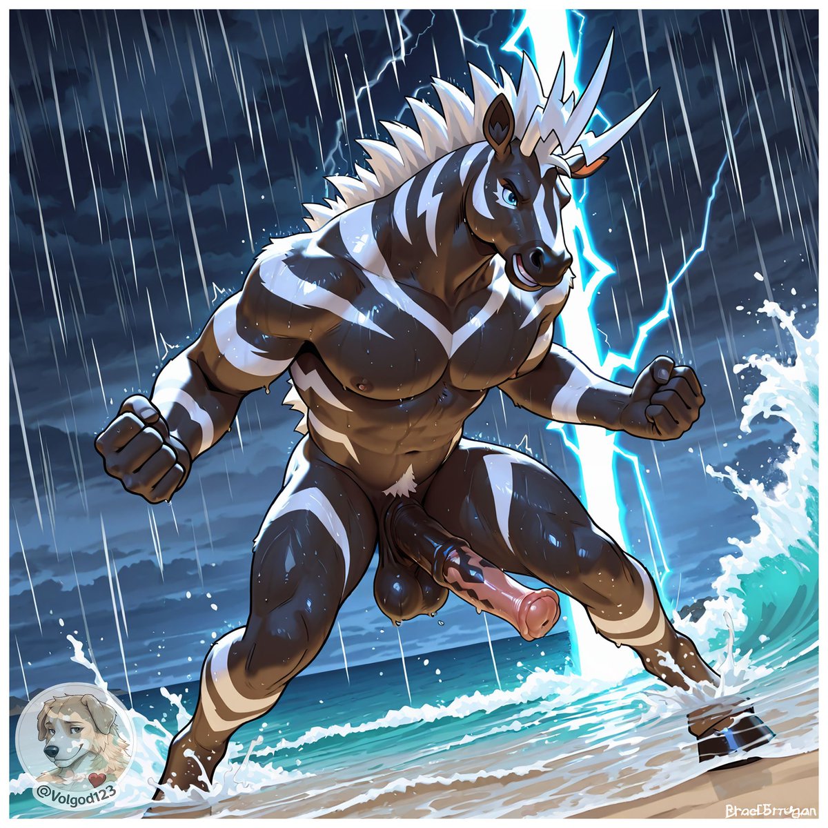 volgod123's tweet photo. #PokeToAI continues ⚡
White Flare 115/86 Illustration Rare – Zebstrika

Zebstrika running full speed on the beach during a massive storm…
Lightning, rain, and pure electric energy 😈 

This zebra doesn’t fear the thunder

#PokeToAI #FurryArt #Zebstrika #FurryPokemon #NSFWFurry https://t.co/GYnrNhN67f