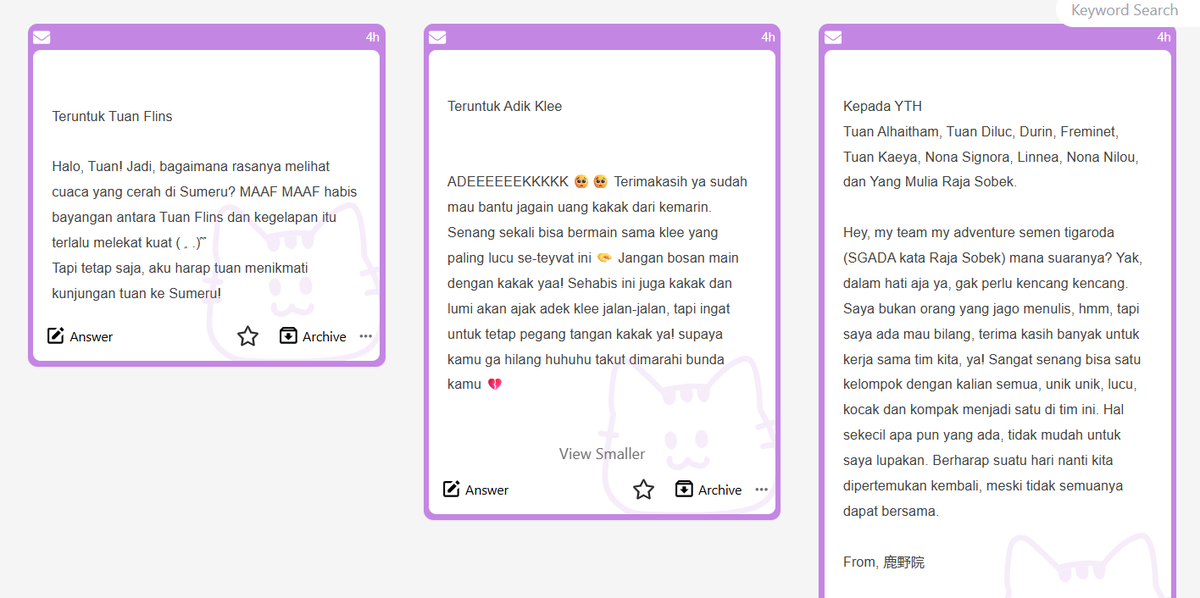 FreedNahida's tweet photo. Balik ke salam-salam, ada pesan untuk Flins, Klee, Kelompok 3, Heizou, Kaeya, Kaveh, Yae Miko, Linnea, Venti, Neuvillette, Collei, dan Tighnari! https://t.co/Yi3l28zzZe