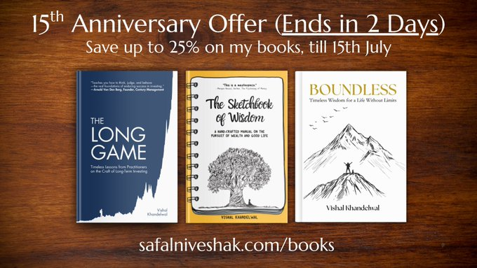 Theosauruslh's tweet photo. Safal Niveshak turned 15 this month. 

To celebrate, my books - The Long Game, Sketchbook of Wisdom, and Boundless - are available at discounted prices till 15th July. 2 days remain.

Check them out here: https://t.co/VTm5FDf3PQ https://t.co/rYiDQk51Hw
