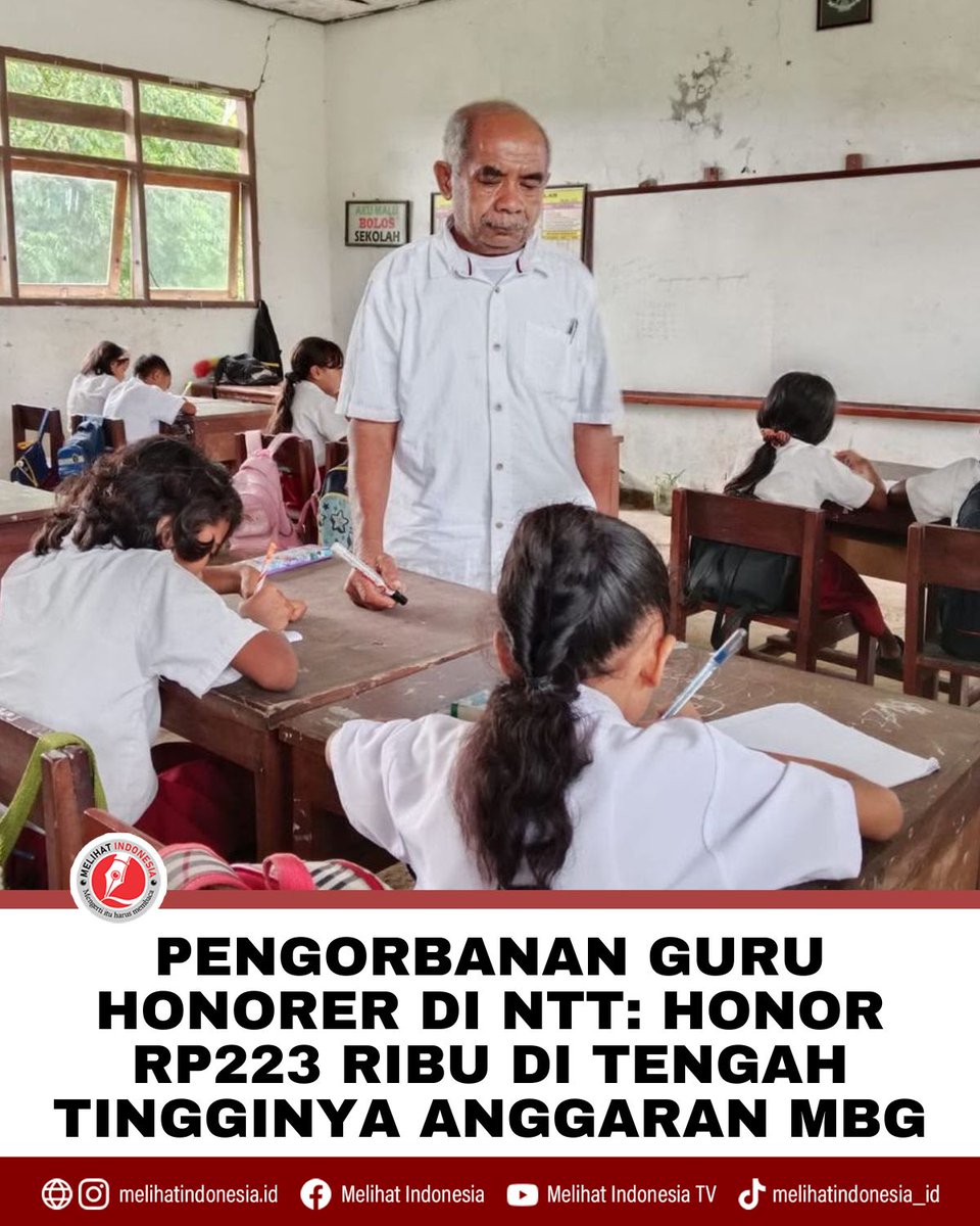 Melihat_Indo's tweet photo. Pengorbanan Guru Honorer di NTT: Honor Rp223 Ribu di Tengah Tingginya Anggaran MBG

Wajah Agusthinus Nitbani kini dipenuhi kerutan. Rambutnya mulai memutih setelah lebih dari dua dekade mengabdikan hidup sebagai guru honorer di SD Negeri Batu Lesa, Kabupaten Kupang, Nusa Tenggara Timur. Setiap pagi ia menempuh perjalanan menuju sekolah dengan sepeda motor tua yang sudah termakan usia. Kendaraan sederhana itu menjadi saksi perjalanan panjang seorang guru yang tak pernah lelah mendidik anak-anak, meski honor yang diterimanya hanya sekitar Rp223 ribu per bulan.

Selama 23 tahun mengajar, Agusthinus dikenal sebagai sosok guru yang disiplin dan penuh dedikasi. Di ruang kelas yang sederhana, ia tak hanya mengajarkan membaca, menulis, dan berhitung, tetapi juga menanamkan nilai-nilai tanggung jawab dan karakter kepada murid-muridnya. Keterbatasan ekonomi tak pernah mengurangi semangatnya untuk tetap hadir dan mengajar setiap hari.

Kisah Agusthinus menjadi potret ironi dunia pendidikan Indonesia. Di saat pemerintah menggelontorkan anggaran besar untuk berbagai program strategis, termasuk Program Makan Bergizi Gratis (MBG), masih ada guru di pelosok negeri yang bertahan puluhan tahun dengan penghasilan yang bahkan belum cukup memenuhi kebutuhan hidup dasar selama sebulan.

Perbandingan tersebut bukan untuk mempertentangkan pentingnya pemenuhan gizi anak dengan kesejahteraan guru. Keduanya merupakan fondasi pembangunan sumber daya manusia. Namun kondisi yang dialami Agusthinus memunculkan pertanyaan: apakah peningkatan kualitas pendidikan dapat berjalan optimal jika kesejahteraan para pendidik di garis depan masih tertinggal?

Di balik segala keterbatasan itu, Agusthinus Nitbani tetap memilih mengajar. Pengabdiannya menjadi pengingat bahwa kemajuan pendidikan tidak hanya ditentukan oleh besarnya anggaran, tetapi juga oleh sejauh mana negara memberi penghargaan yang layak kepada mereka yang setiap hari mencerdaskan generasi penerus bangsa.
