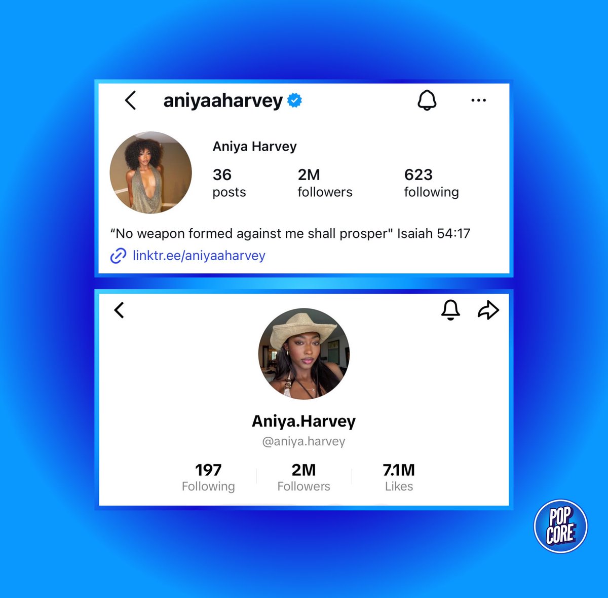 TheePopCore's tweet photo. Love Island USA star Aniya Harvey has officially reached 2 million followers on both her Instagram & TikTok profiles. https://t.co/0qcyNHsz2m