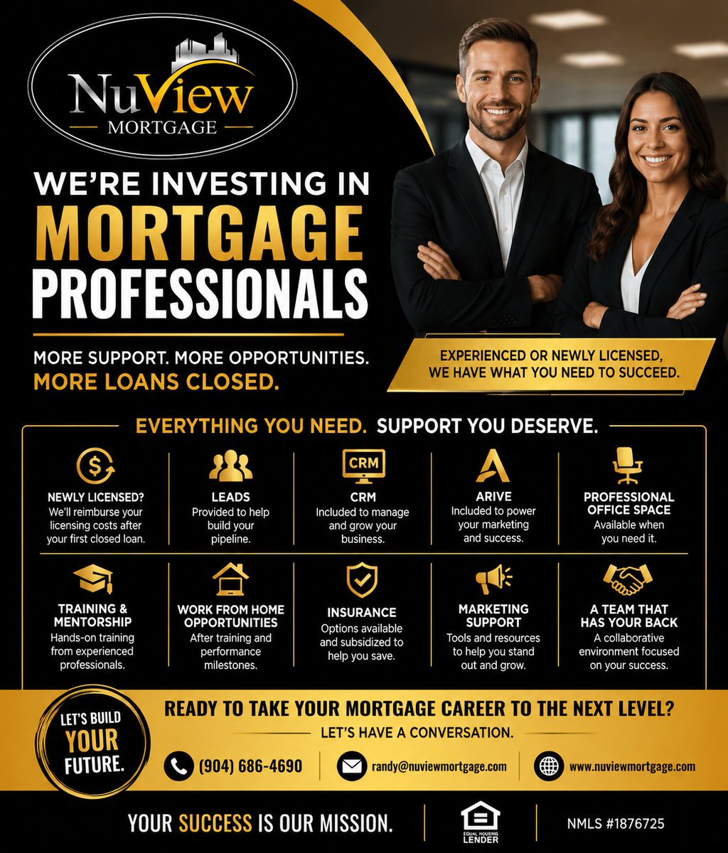 HomeLoansGo's tweet photo. We're looking for motivated Mortgage  professionals. If you're ready to grow your business with a company that invests in you, let's talk.

📞 Call or text Randy Wiggins: (904) 686-4690
📧 randy@nuviewmortgage.com

NuView Mortgage
NMLS #1876725
Equal Housing Lender https://t.co/xiBVl10VvA