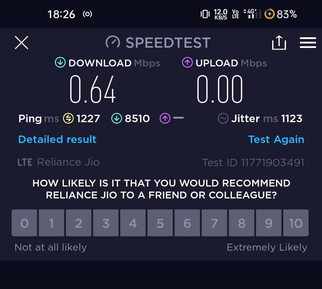 aadityrajsinh's tweet photo. @JioCare We are facing network issue on jio Downloading and uploading is poor. Last Many days we are facing jio network issue no one can intrested to given proper answer or solution
#jio #jionetwork #jiopatheticservices #jiotellyservices #reliancejio https://t.co/4YnY8b5wJA