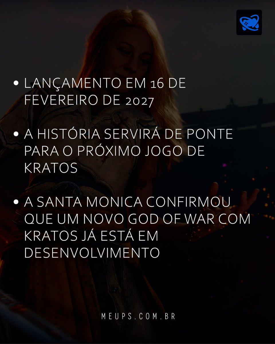 meuplaystation's tweet photo. A Santa Monica Studio revelou diversas novidades de God of War: Laufey durante a San Diego Comic-Con 2026.

Entre os principais anúncios estão a data de lançamento (16 de fevereiro de 2027), novos detalhes sobre a história de Faye e a confirmação de que um novo God of War protagonizado por Kratos já está em desenvolvimento e continuará os acontecimentos de Laufey.

O estúdio reforçou que o novo jogo não substitui Kratos, mas expande o universo da franquia e prepara o caminho para sua próxima aventura.