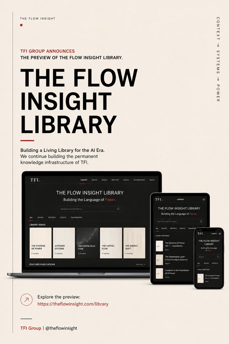 tfiinsight's tweet photo. TFI Group announces the preview of the The Flow Insight Library.

THE FLOW INSIGHT LIBRARY

Building a Living Library for the AI Era.
We continue building the permanent knowledge infrastructure of TFI.

Explore the preview: https://t.co/XkdQYsTvRj

—
TFI Group | @theflowinsight https://t.co/wuMpyPqNAG