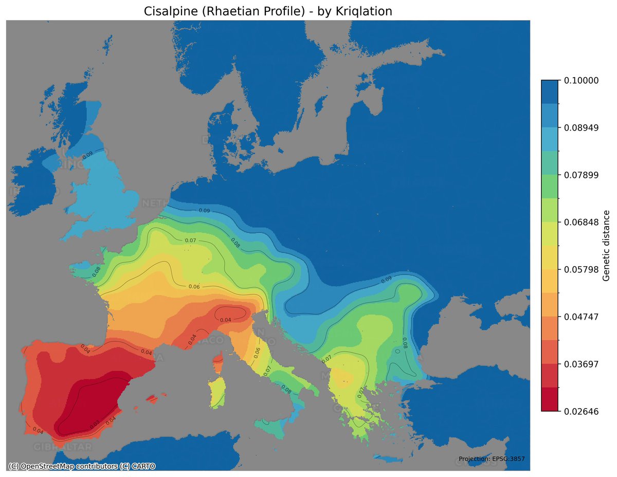 kriqlation's tweet photo. Heatmap of the Cisalpine samples from Verona during the Late Iron Age (~200 BC) with a Rhaetian profile.
Distances with modern populations.
Thanks to @FoecCisalpi for his great work on the theme. https://t.co/B5M6yAwNTw
