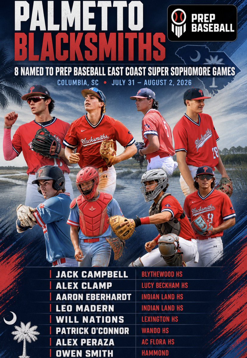 BlacksmithsBase's tweet photo. Congratulations to our 8 2029 Blacksmiths selected to @PrepBaseball_SC East Coast Super Sophomore Games!
@JackCampbe17 
@clampalex11 
@a_c_eberhardt 
@Leo_Madern 
@WillNations24 
@Owen_smith30 
@Patrick_OC04 
@AlexPeraza2029 https://t.co/wijqMebPQ3