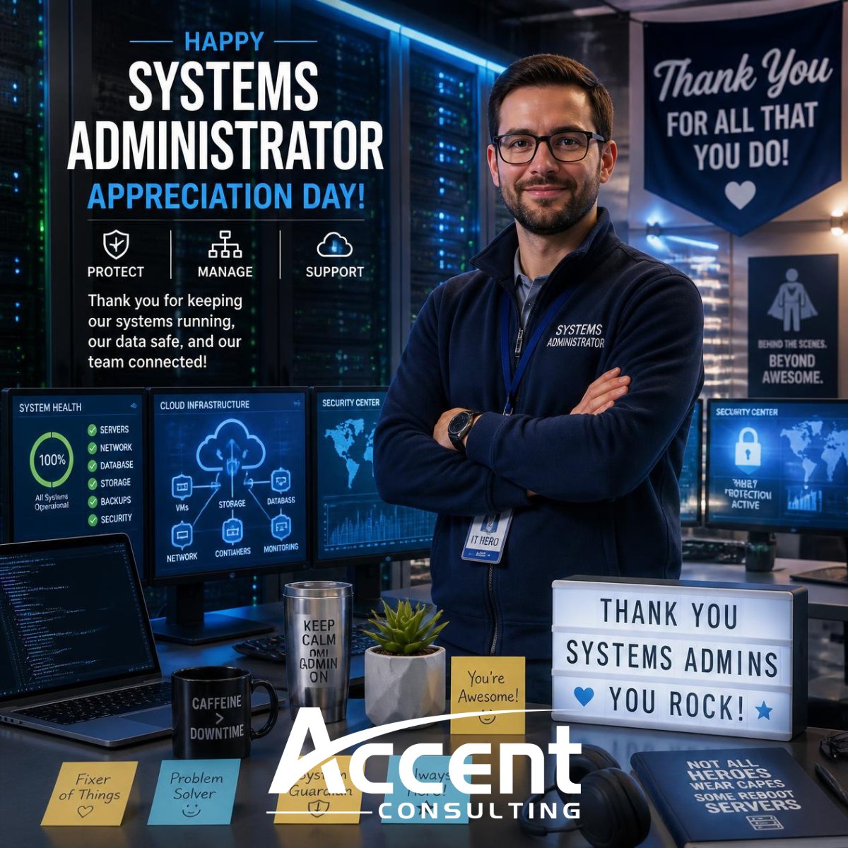 AccentCS's tweet photo. Happy Systems Administrator Appreciation Day! π» Thank you to the system admins who keep systems secure, stable and running behind the scenes every day. We appreciate you!
#SysAdmin #AppreciationDay #ITHeroes https://t.co/g0KOXYGv1D