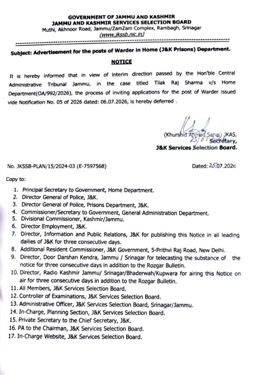 JKSSB2026's tweet photo. Notification regarding advertisement for the post of Warder in Home(J&amp;K Prisons) Department
Another Court Case 

#JKSSB https://t.co/iz3cDspZ3z