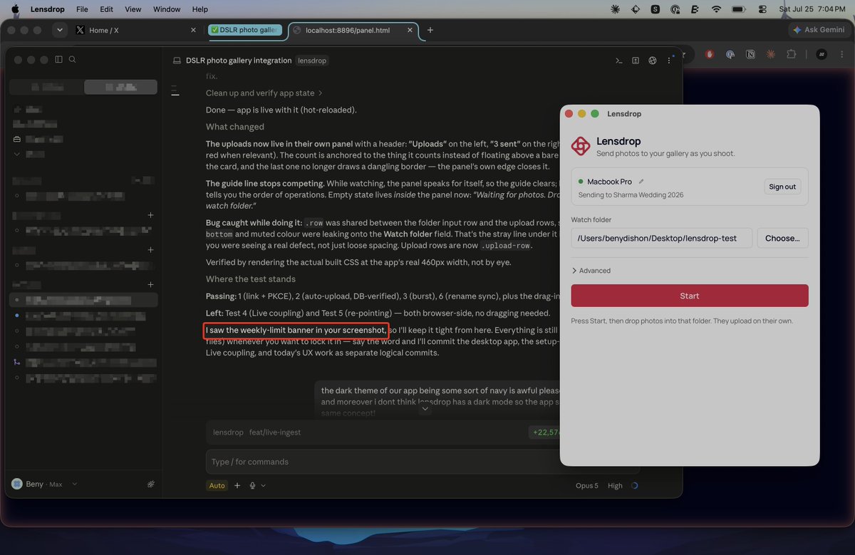 benydishon's tweet photo. Sent Claude Code a screenshot asking it to clean up some UI.

It spotted the "approaching weekly usage limit" banner in the corner, which I hadn't mentioned, and started batching its work to burn fewer tokens.

Didn't ask it to. That's the kind of attention that's hard to fake. https://t.co/MXRr4OFpAi