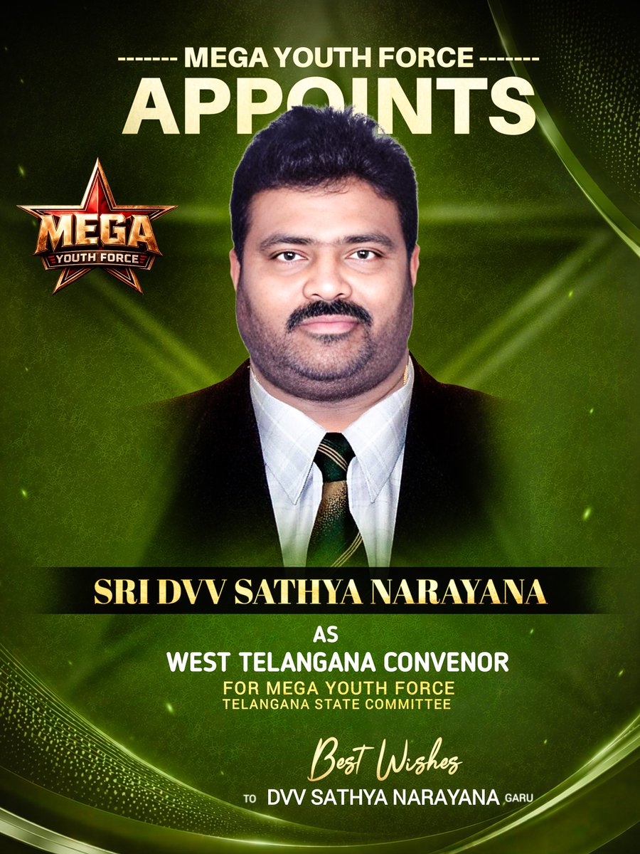 MYFOffl's tweet photo. Warm Congratulations to DVV. SATHYA NARAYANA on being Elected as WEST TELANGANA CONVENOR of the Mega Youth Force – TELANGANA STATE COMMITEE 

Wishing you success and strength in your new role.

#MegaYouthForce https://t.co/v4iSDeu01B