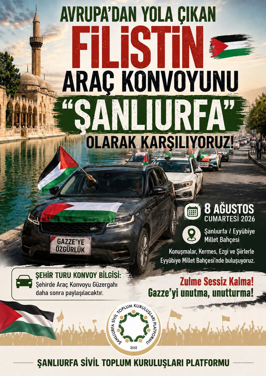 ibrahimcoskun63's tweet photo. 📌Avrupa'dan yola çıkan Filistin Araç Konvoyu,umutla ve kardeşlik duygusuyla 📢8 Ağustos Cumartesi/Eyyübiye Millet Bahçesinde
 
Her kilometresi bir vicdan çağrısı,her durağı dayanışmanın sesi olan bu anlamlı yolculuğu,peygamberler şehrinde yüreklerimizle karşılayalım. https://t.co/kA3ZowIYRr