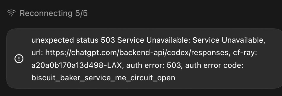 dnikolayev's tweet photo. Seems OpenAI / chatgpt / codex global outage. They finally updated the status page. 

https://t.co/AvcnLK4qTK https://t.co/SkTVVTF0uj