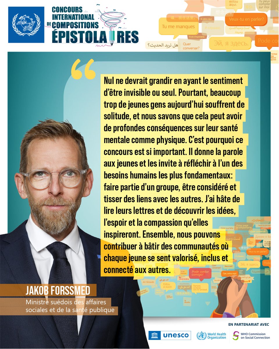 upu_onu's tweet photo. 💬« Ensemble, nous pouvons contribuer à bâtir des communautés où chaque jeune se sent valorisé, inclus et connecté aux autres. » 

Jakob Forssmed, ministre des Affaires sociales et de la Santé publique de Suède, fait partie du jury du 55e #ILWC !

@WHO @UNESCO https://t.co/mB5YwgJofO