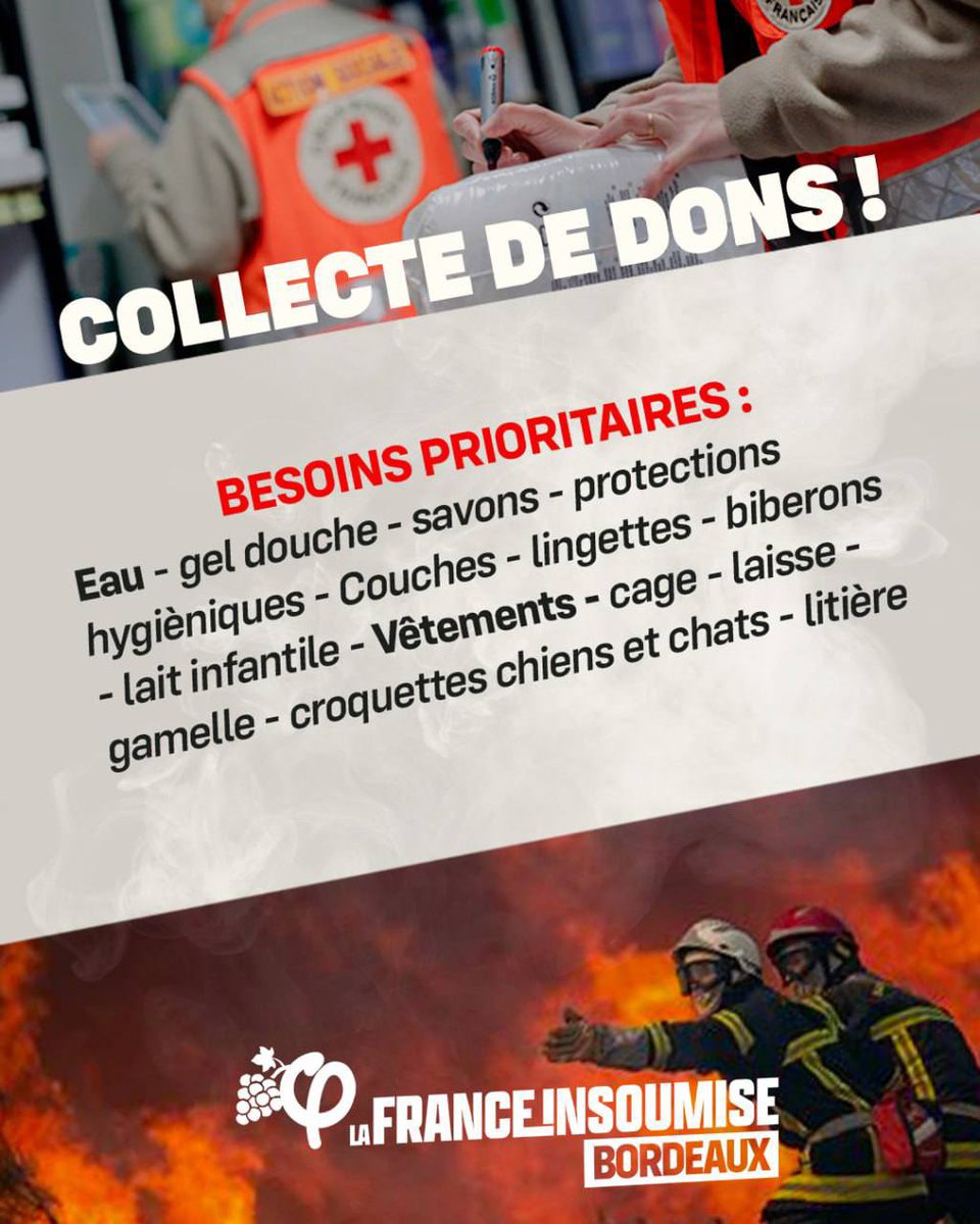 Nordine_r's tweet photo. À Bordeaux, le local de La France insoumise sera ouvert aujourd’hui pour récolter des dons pour les pompiers et évacués.

34 rue Jean Burget, proche de l’hôpital Saint André, de 12h à 18h.

Force à toutes et tous ! https://t.co/M6jVgGrJsL