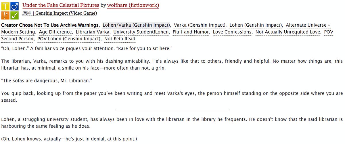 fictionwork's tweet photo. [ Genshin Impact - #varhen ]

Lohen has always been in love with Varka, the librarian he often meets. He doesn't know that the said librarian is harbouring the same feeling as he does.

(Oh, Lohen knows—he's just in denial, at this point.)

https://t.co/nQWVvAb8Bz https://t.co/Zre9InqwhG