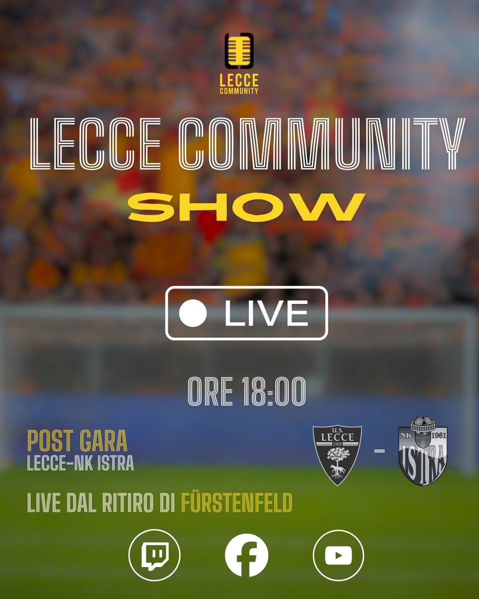 Lecce_Community's tweet photo. LIVE POMERIDIANA!
Oggi, alle 18.00, torneremo con #LecceCommunityShow! Commenteremo la terza amichevole contro Nk Istria, lasciando poi spazio al calciomercato.
🟪https://t.co/24LE24eCUY
🟦Lecce Community
🟥https://t.co/1eMXCCAzhD
Non mancate! Vi aspettiamo numerosi! 💛❤ https://t.co/5doxMNiAWd