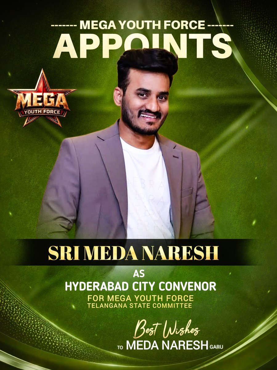 MYFOffl's tweet photo. Warm Congratulations to MEDA NARESH on being Elected as HYDERABAD CITY CONVENOR of the Mega Youth Force – TELANGANA STATE COMMITEE 

Wishing you success and strength in your new role.

#MegaYouthForce https://t.co/ixlsEDuWcA