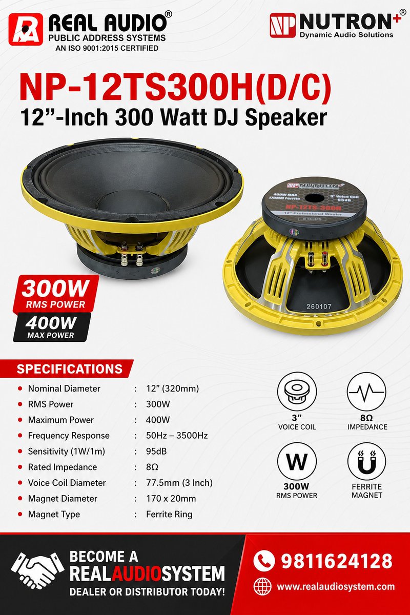 realaudio_dj's tweet photo. Nutron+ NP-12TS300H(D/C) 12-Inch Professional DJ Speaker
🤝Become a RealAudioSystem #Dealer or Distributor Today
📞 9811624128
🌐 https://t.co/duC5TkAMXD

#NutronPlus #RealAudioSystem #DJSpeaker #12InchSpeaker #ProfessionalSpeaker #PASystem #Woofer #DJEquipment #LiveSound #djaet https://t.co/FREfmlBC2W