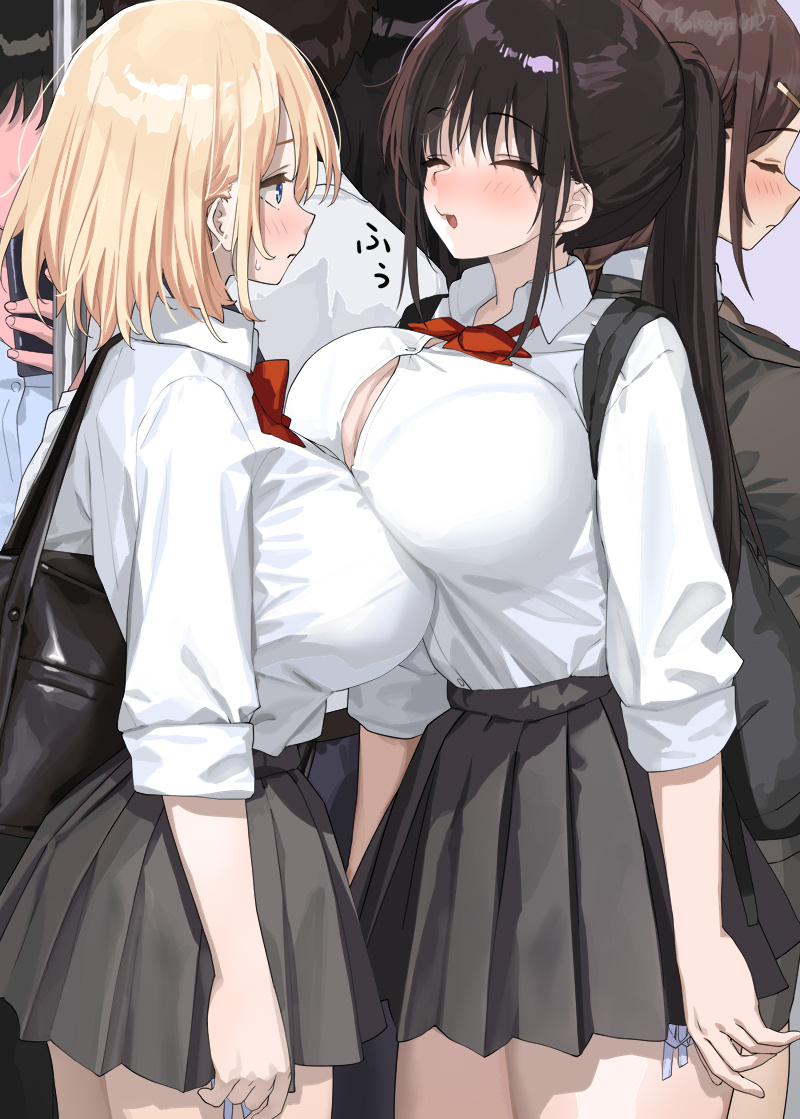 kaisenn0127's tweet photo. 電車の中で友達のおっぱいにおっぱいを乗せて乳を休めている子のイラスト https://t.co/XfFfkX6pV3