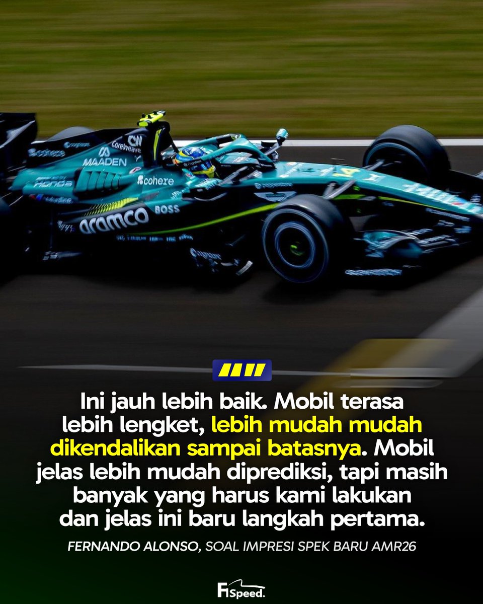 f1speed_indo's tweet photo. 🚨 Fernando Alonso merasa senang dan positif dengan impresi yang diberikan oleh mobil AMR26 pasca-upgrade besar di GP Hongaria.

Diberi 16 komponen baru, Alonso merasa handling mobil jadi jauh lebih baik di tikungan. Gripnya lebih besar dan perilaku mobil lebih mudah diprediksi saat dipush.

Alonso ungkapkan jika perbaikan performa ini sudah sesuai dengan ekspektasi tim dan yang terpenting adalah sesuai dengan simulasi & punya korelasi data yang cocok sebagai bekal positif untuk pengembangan mobil musim depan.

Tugas Aston Martin sekarang adalah memahami lebih dalam karakteristik spek baru dari AMR26 dan memaksimalkan performanya dari setup yang tepat.