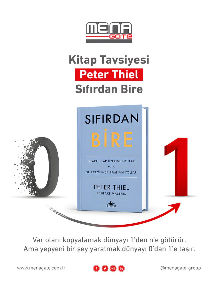 menagategroup's tweet photo. Peter Thiel’in Sıfırdan Bire kitabı, özgün bir marka oluşturmak, inovatif düşünmek ve liderlik becerilerini geliştirmek isteyenler için ilham verici bir rehber.

#MenaGate #KitapTavsiyesi #SıfırdanBire #PeterThiel #Girişimcilik #Liderlik https://t.co/Q69MqMLtSZ