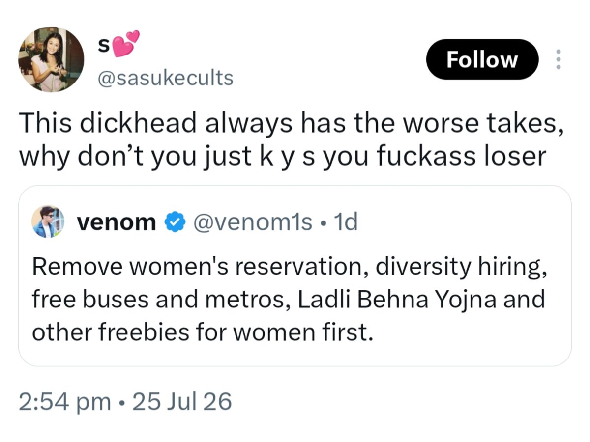 venom1s's tweet photo. Just because I spoke against women's reservation and freebies, feminist girls are giving me death threats.

Do men have no freedom of speech?

Also, death threats are way worse than rape threats.

But since I'm a man, nobody cares https://t.co/iclBrTzUt0