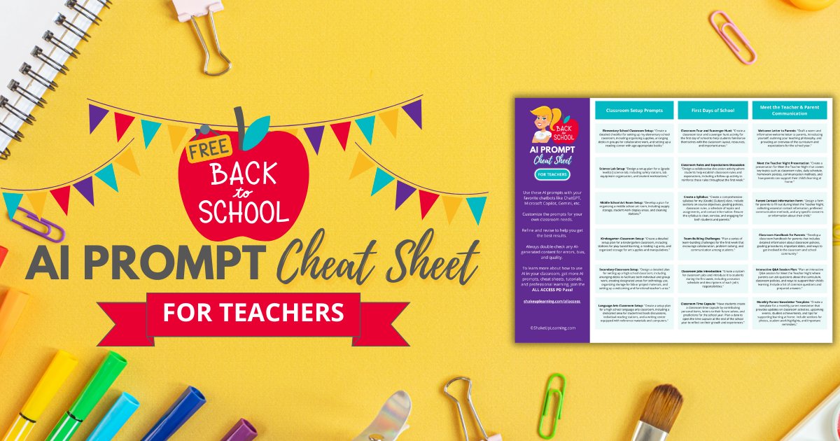 ShakeUpLearning's tweet photo. ✏️ FREE Back to School AI Prompt Cheat Sheet for Teachers!
https://t.co/oxmkfDs3ZA #edtech #edchat #aiineducation #aiinedu #TCEA #ISTE #FETC #teacherlife https://t.co/IFXqnirJiu