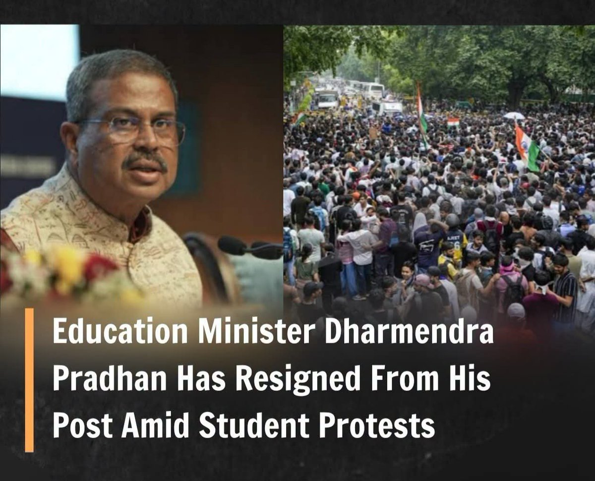 KalamCenter's tweet photo. Dharmendra Pradhan has resigned as Education Minister. 

After weeks of massive student protests across the country, especially at Jantar Mantar by the Cockroach Janta Party (CJP), he finally posted his resignation letter on X today. It was one of CJP's biggest demands - the government had even asked for time till Saturday to respond, but now Pradhan has stepped down. In his letter, he said he took moral responsibility for the NEET irregularities, didn't want anti-national forces to exploit the situation, and wanted students to focus on their studies and future without getting stuck in protests or legal issues. He thanked PM Modi and others for the opportunity to serve. This feels like a big win for the students who kept pushing hard.

#BreakingNews #DharmendraPradhan #EducationMinister #IndiaStudents #AccountabilityNow