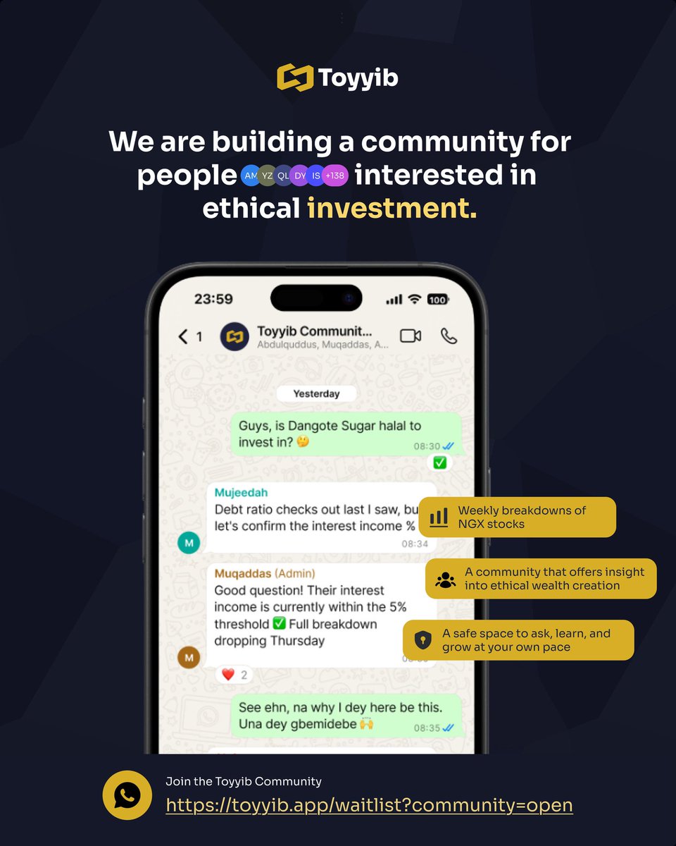 toyyibapp's tweet photo. We are building a community for people interested in ethical investment. 🤍📈

This is not another finance page throwing stock tips at you, it is a real community where you can learn about the Nigerian Exchange and everything else about ethical investment. https://t.co/xCZGLurDky
