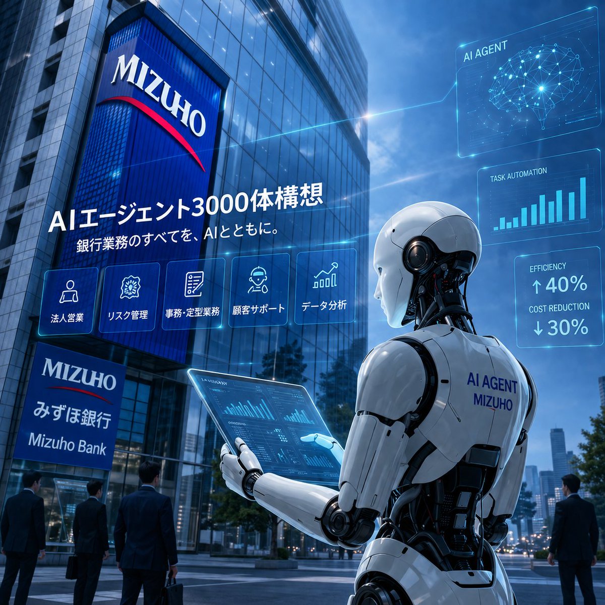nonomuraryutaro's tweet photo. みずほFGがAIエージェント3000体構想を発表！
銀行業務をAI前提で再設計する動きは、仕事やキャリアの変化を象徴しています。
これからはAIを「使う側」の力がますます重要に！
▼仕事で使える生成AIスキルを学ぶなら https://t.co/Cl3wqtubhC #PR #生成AI https://t.co/tnxZsqEJqv