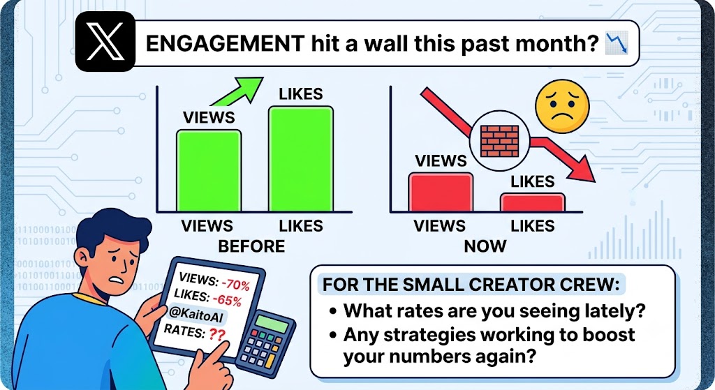 DynamoCrypto's tweet photo. Is it just me, or did X engagement hit a wall this past month? 📉

Views and likes are down dramatically, which is messing with my @KaitoAI rates.

For the small creator crew: • What rates are you seeing lately? • Any strategies working to boost your numbers again?
Appreciate any advice/feedback! 💡