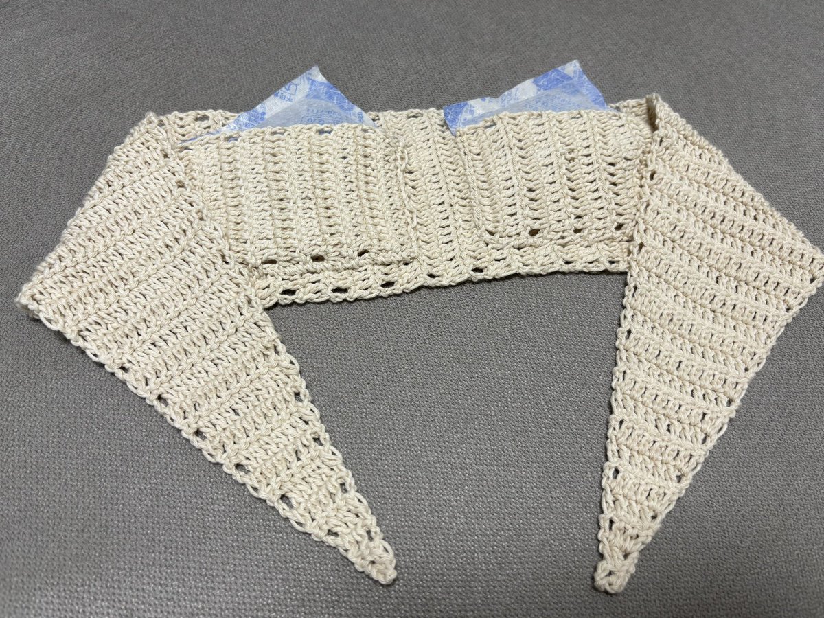 Mao_knitter's tweet photo. セリアのオーガニックコットンで、保冷剤ポケット付きスカーフ🧶
暑すぎるので、通勤のお供にする🌞☁️ https://t.co/XVQELhXRlR