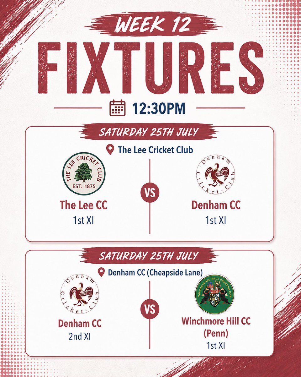 DenhamCC's tweet photo. Week 12!
Our 1st XI make the trip to @TheLeeCC and our 2nd XI face @whccpenn
#denhamcc #upthedenham #tvcl @ThamesValleyCL https://t.co/K2g7BcqBt5