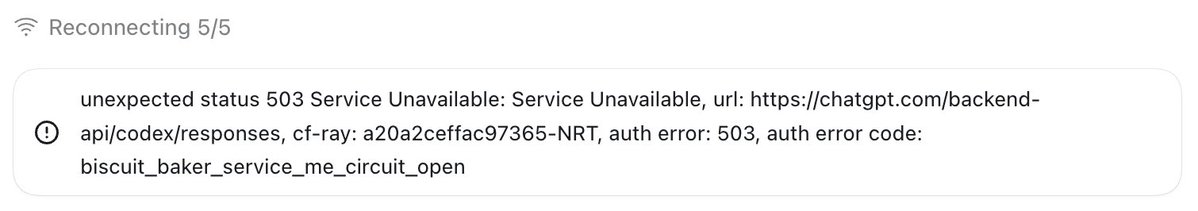 SnakeKongin's tweet photo. ChatGPT and Codex are both down.

Tibo about to hit the free usage reset button any minute now. https://t.co/mSw53CC110