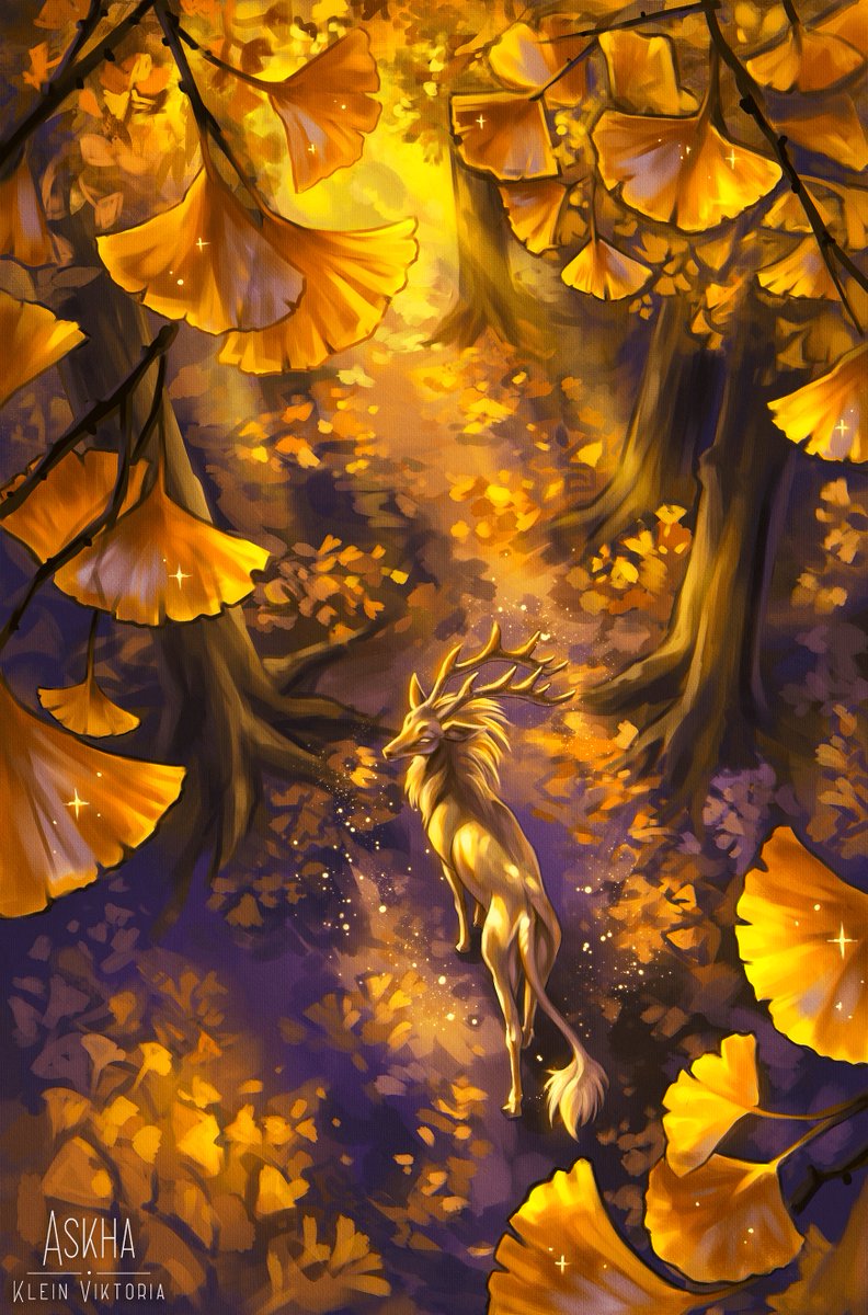 Askha94's tweet photo. My #artfight2026 attack on @_MayhW  :3

Ginko inspired me for this golden magical scenery, such a lovely character! Hope you'll like it! ❤️

#artfight2026 #fantasycreature #ocart https://t.co/T4LJIRUgMw