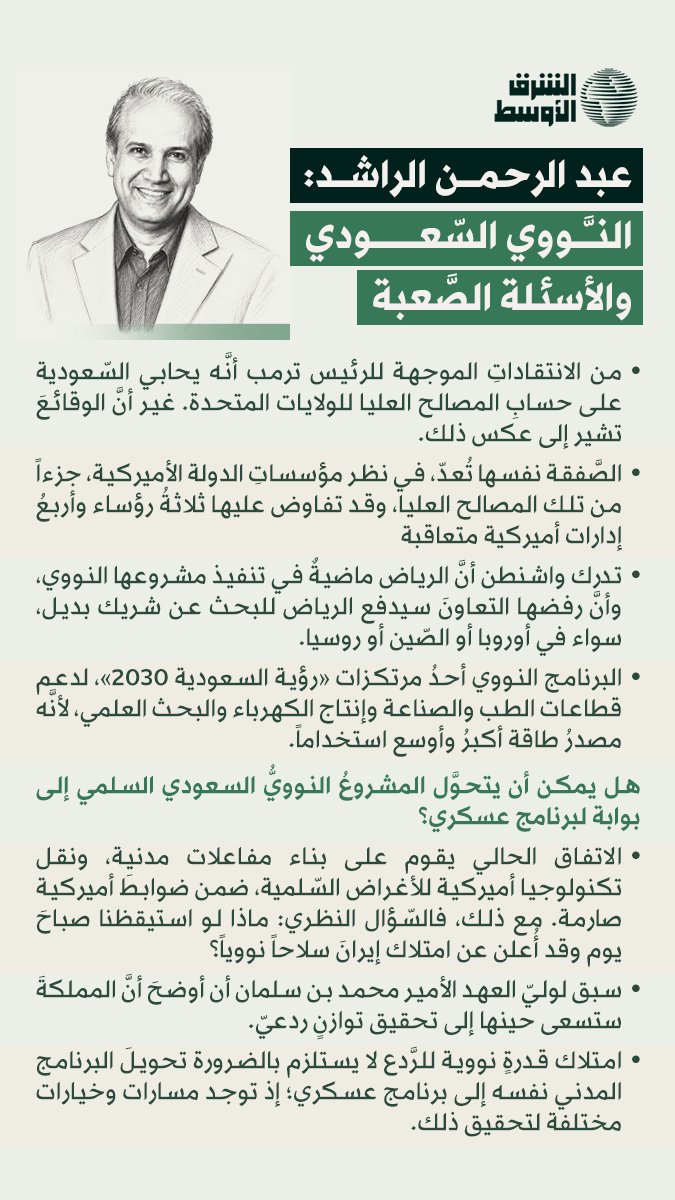 aawsat_News's tweet photo. عبدالرحمن الراشد يكتب عن الاتفاق النووي السعودي – الأميركي والأسئلة العديدة المثارة حوله.. لمطالعة المقال كاملا على الرابط التالي: https://t.co/fLrtCPSFTF
@aalrashed https://t.co/kbPYZKWWlb